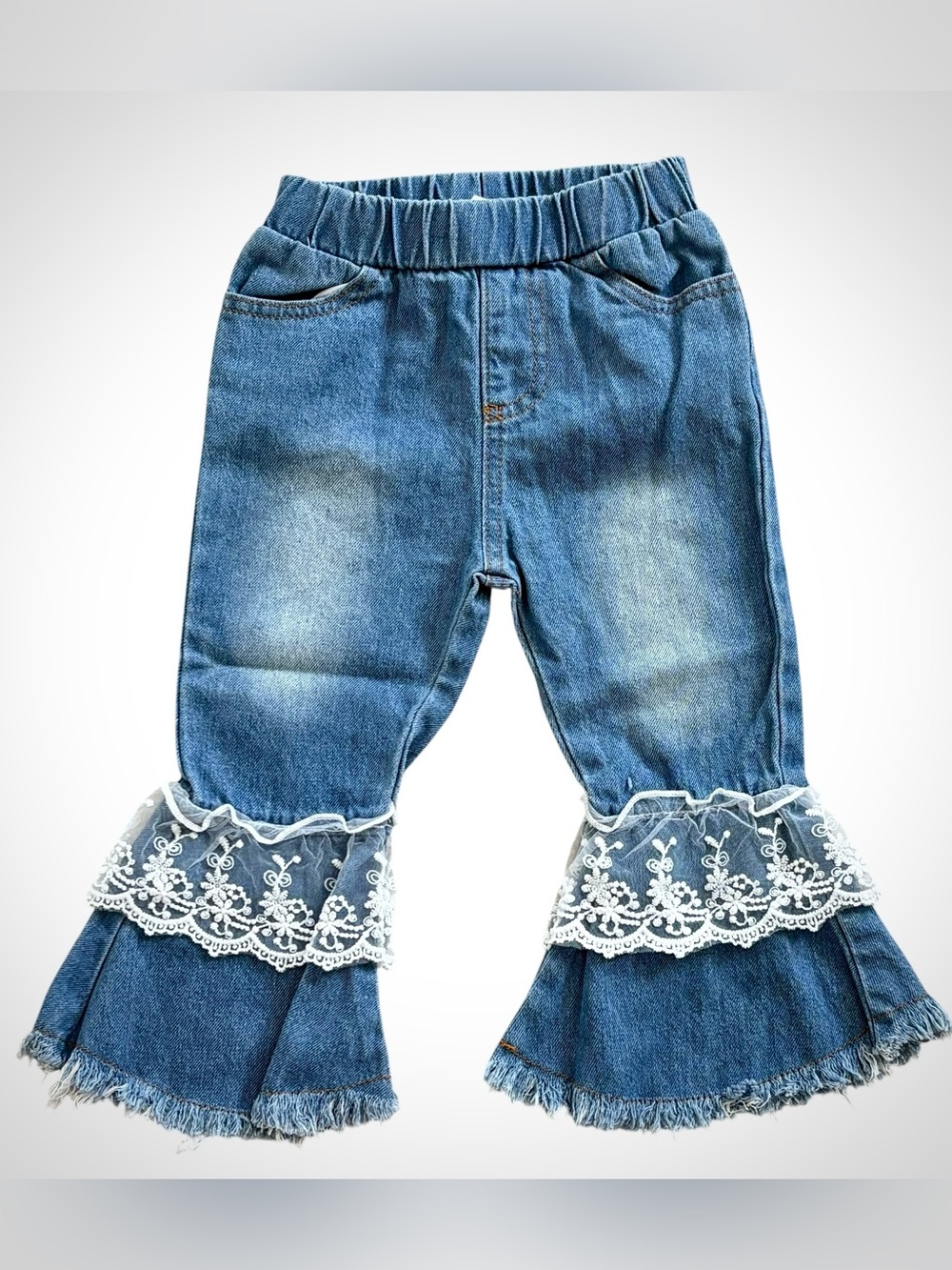 Baby Girls Bell Bottom Jeans Lace Ruffle Fringe Denim Light Wash 12-18 M Boho